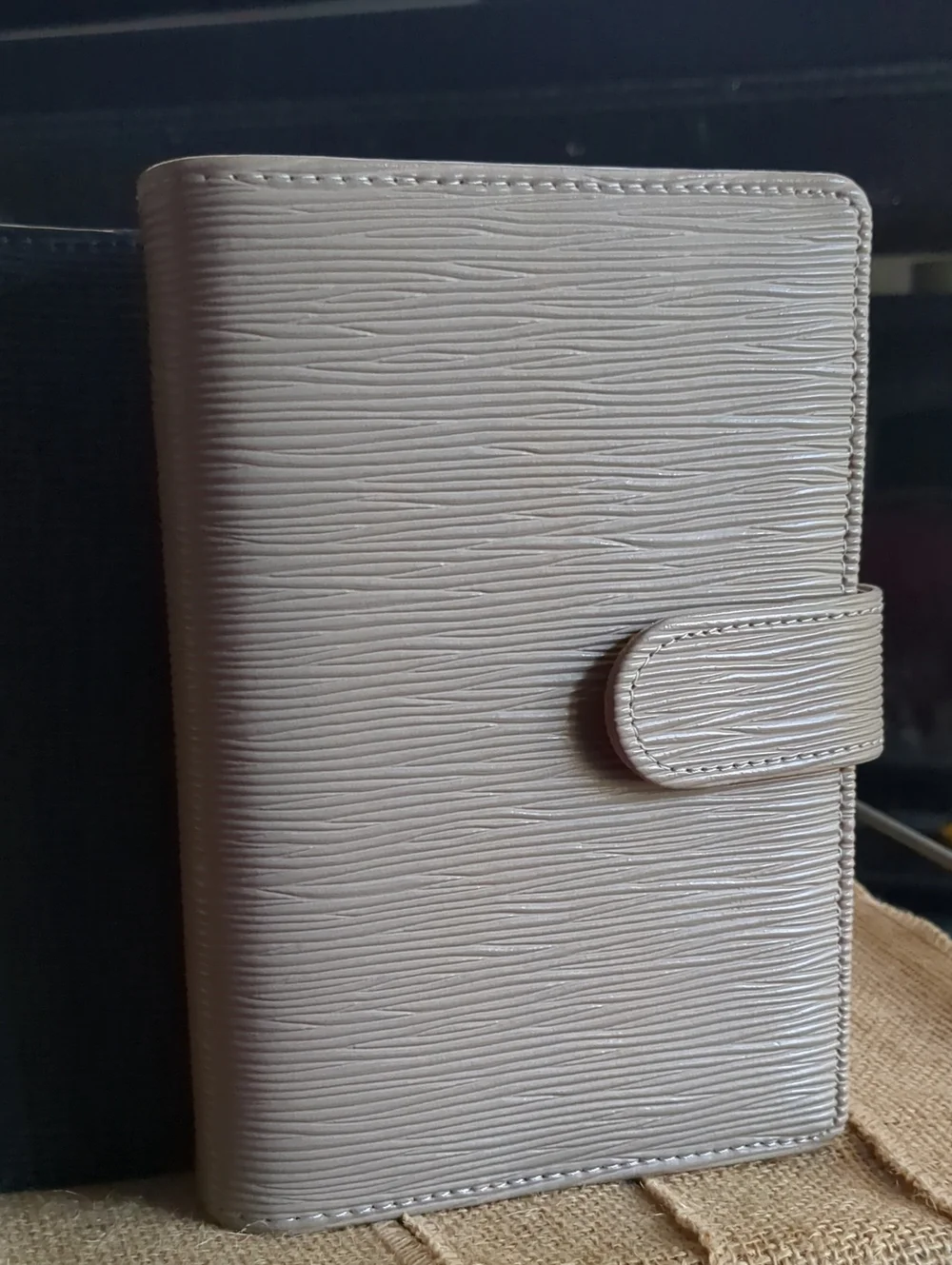 A6 Saffiano Binder In Taupe with Gold Hardware.
